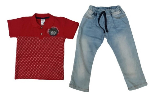 Conjunto 2 Piezas Jean Y Camibuso Rojo Para Niño Bebe