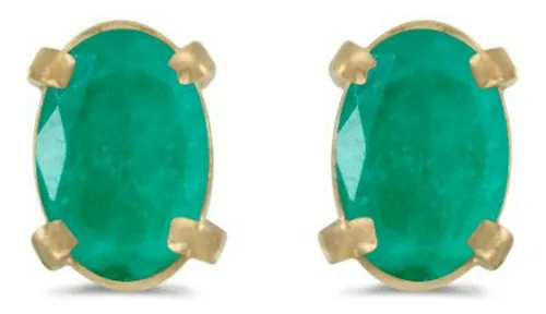 Aretes De Oro Amarillo De 14k Con Esmeraldas En Forma Ovalad
