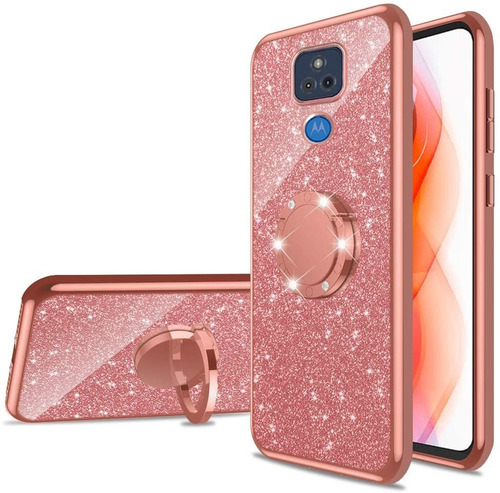 Funda Para Moto G Play 2021 - Rosa Con Brillos + Anillo