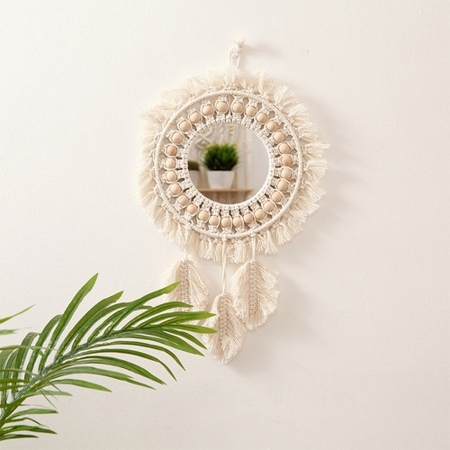 Espelho De Parede Suspenso Tecido Boho Macrame Leaf Pendant