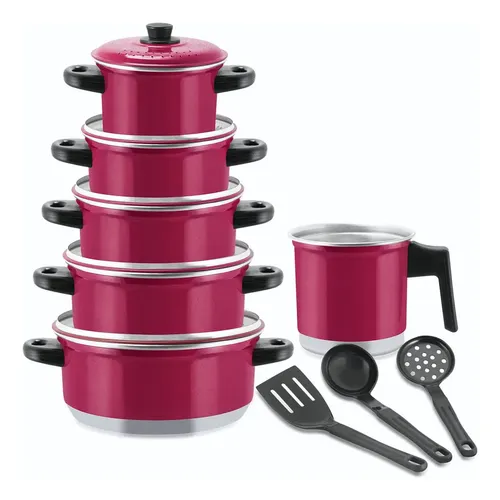 Jogo De Panela Caçarola + Caneco(leiteira) Kit 9 Peças Cor Rosa-chiclete