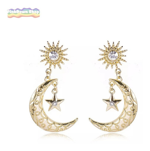 Aretes Luna Sol Y Estrellas Color Oro Con Diamantes De Lujo