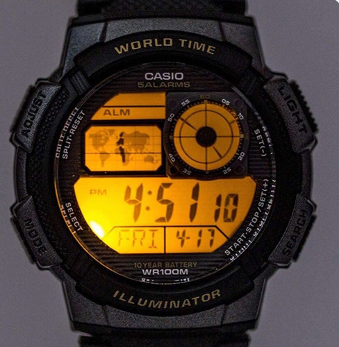 Reloj Casio Ae1000 Hora Mundial, 10 Años De Batería, 100mts Correa Plateado