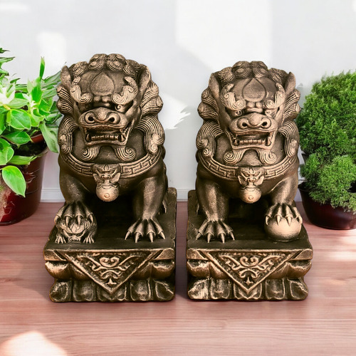 Pareja De Perros Fu De Gran Tamaño 20 Cm Oro Rico