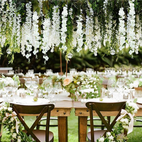 Flores Artificial Wisteria 36pzs 1.1m Decoración Fiesta Boda Color Blanco ,Guirnaldas de Flores Artificiales de Glicina,Flor de Plastico Artificial para Hogar, Boda, Fiesta, Jardín, columpios
