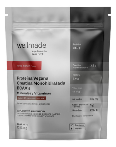 Suplemento Polvo Wellmade Proteina Vegana Creatina 1.3 Kg Sabor Chocolate Cocoa