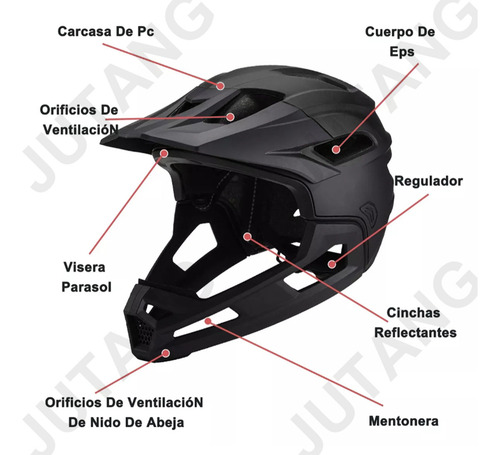 Jutang Casco De Bicicleta De Montaña Ajustable, Visera Extraíble,, Transpirable Y Ligero, Ideal Para Ciclismo Urbano Y De Montaña Soporte Barbilla Desmontable Negro