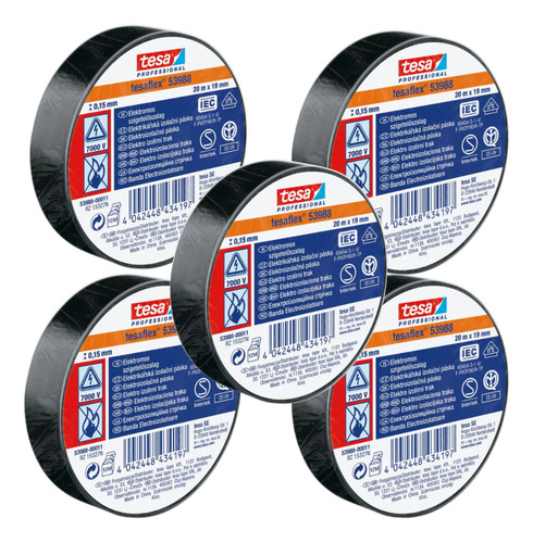 Pack 5 Unidades Cinta Aisladora Profesional 20m X 19mm