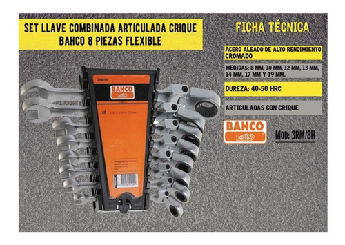 Imagen 5 de 8 de Juego Llaves Bahco Combinadas Crique A Codo 8 Pzas