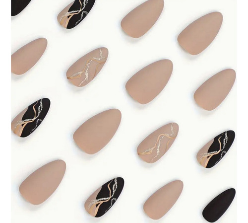 24 Pz Uñas Postizas Tips Craqueleadas Negro Nude Press On Negro Nude Bicolor Craqueleada