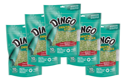 Kit 5 Un Petisco Dingo Dental Sticks Para Cães 90g