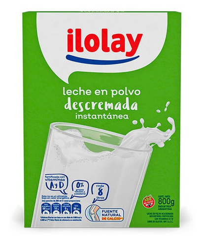 Imagen 2 de 5 de Leche En Polvo Descremada Ilolay Instantanea Sin Tacc 800 Gr