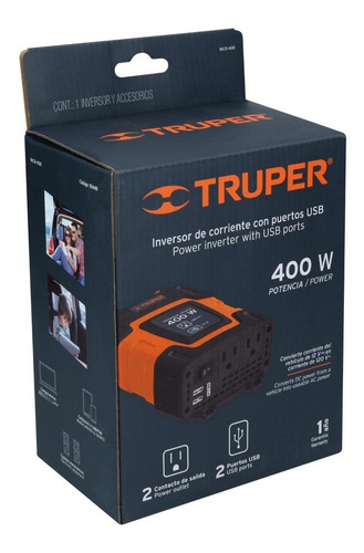 Imagen 3 de 3 de Inversor De Corriente Carro 12v A 110v 400w Truper 10449