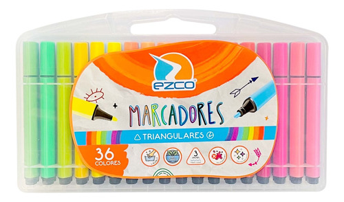 Marcadores Triangulares Ezco Valija X 36 Colores No Toxico