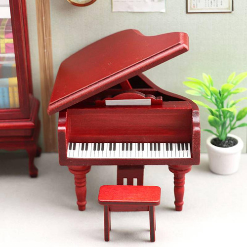 Piano Con Silla Roja Para Casa De Muñecas 1:12, Casa De