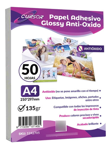 Papel Adhesivo Fotografico Antioxido Glossy A4 135g 50 H