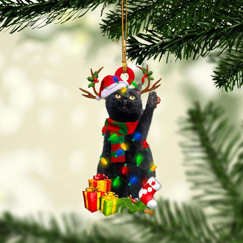 Gato Negro Con Sombrero De Navidad, Reno Con Cadena De Luces