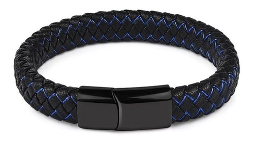 Pulsera Manilla Azul Negro Para Hombre En Cuero Y Acero