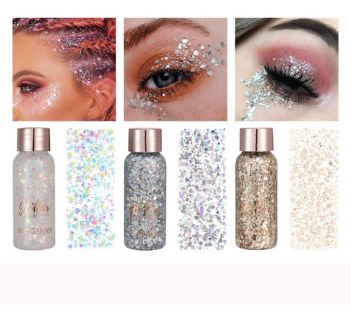 Handaiyan Set De 3 Frascos De Glitter Holografico Maquillaje