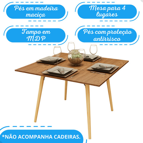 Mesa Sala De Jantar Cozinha Quadrada 4 Lugares 90 Cm Pés Madeira Tampo Freijó