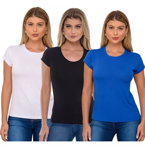 Kit 3 T Shirt Feminina Camisetas De Malha Dia A Dia Verão