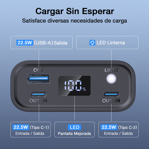 Powerbank 20,000 Mah 1hora Carga Rápida 22.5w Pantalla Led Negro