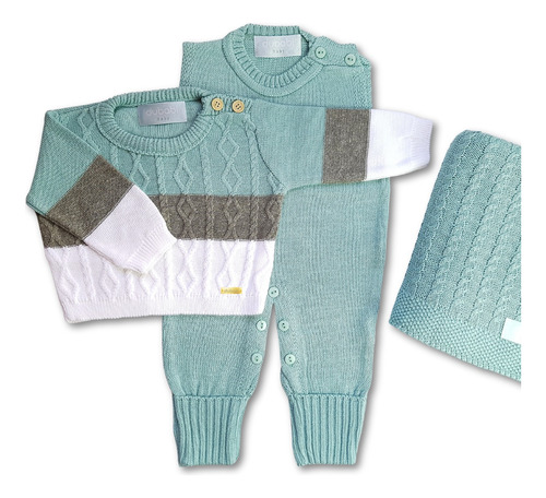 Kit Saída Maternidade Menino Tricot Trança Tam 1 A 3 Meses