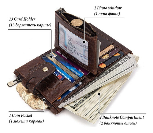 Cartera De Cuero Genuino Para Hombre Con Cadena Antirrobo Y