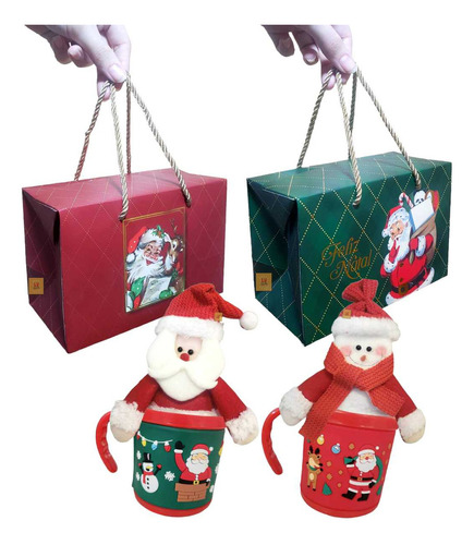 Kit 2 Canecas 200ml + 2 Papai Noel + 2 Sacolas Enfeite Natal