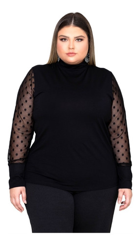 Blusa Feminina Plus Size Blusinha Manga Longa Em Tule Social