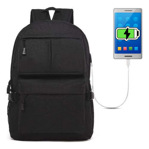 Mochila Porta Notebook Reforzada Urbana Usb Unisex Premium Color Negro Diseño de la tela Jaspeado