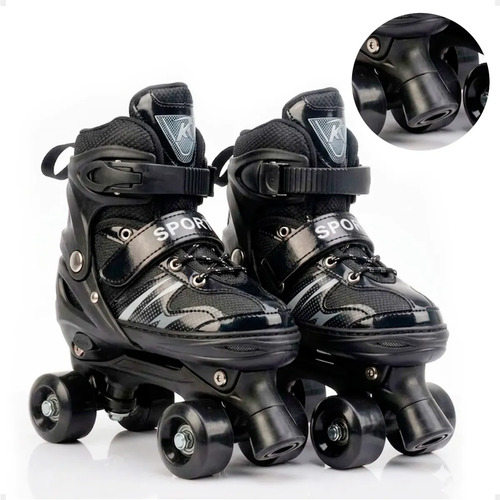 Patins Infantil Ajustável 4 Rodas Preto Criança Menina Menino Roller Quad Confortável Regulável Ursen