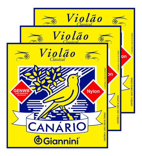 Kit 3 Encordoamento Giannini Canário Violão Nylon C/bolinha