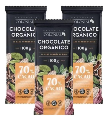Chocolate Organico Amargo Sin Tacc 70% Cacao Colonial X 3
