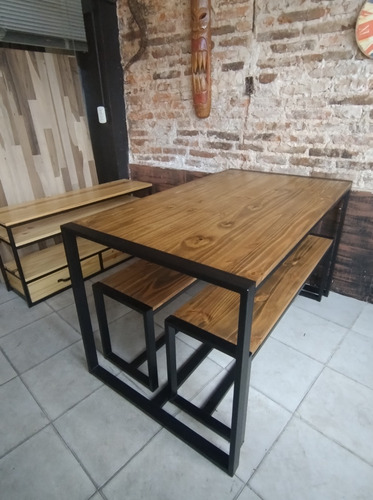 Imagen 4 de 6 de Mesa Comedor Industrial 140x80 + 2 Bancos Madera Hierro Bar