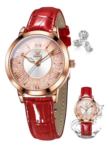 Reloj Olevs/5539 Dorado Para Mujer Con Correa De Cuero Rojo Dorado/rosa Rosa