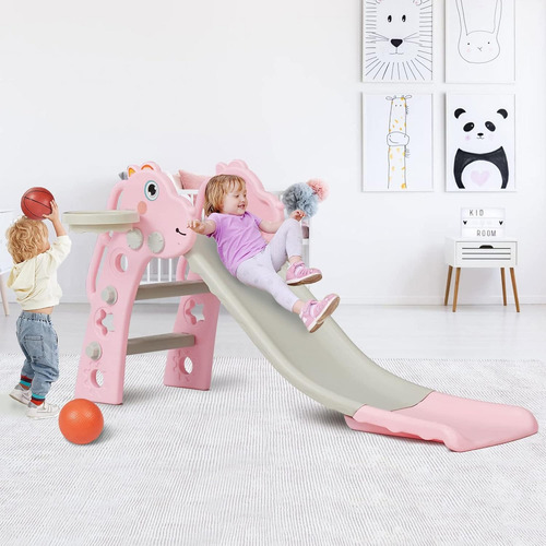 Tobogán Bebé Resbaladilla Infantil Con Canasta De Baloncesto Color Rosa