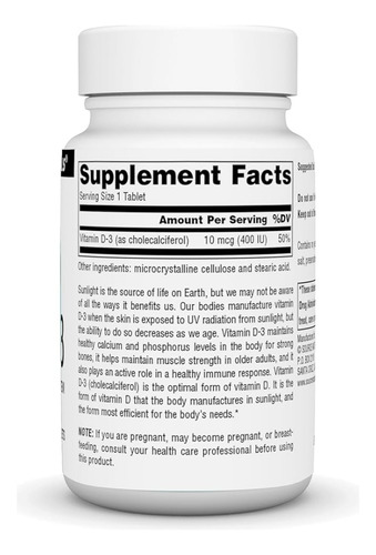 Source Naturals | Vitamina D-3 400 Ui, 200 Tabs.