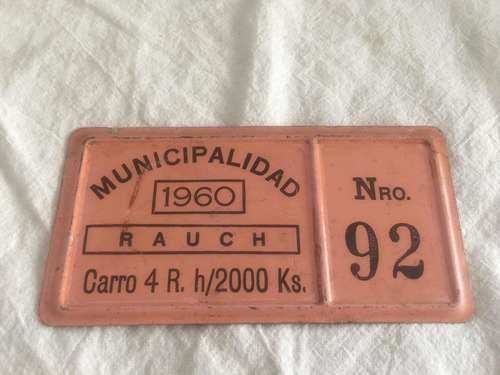 Chapa Patente Carro Rauch Año 1960