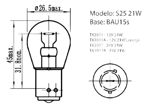 Lampada 1 Polo 12v Amber Pino V 1 Unidade Tk3911a