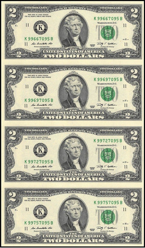 4 Billetes Sin Recortar  2 Dollar Usa Washington Nuevos