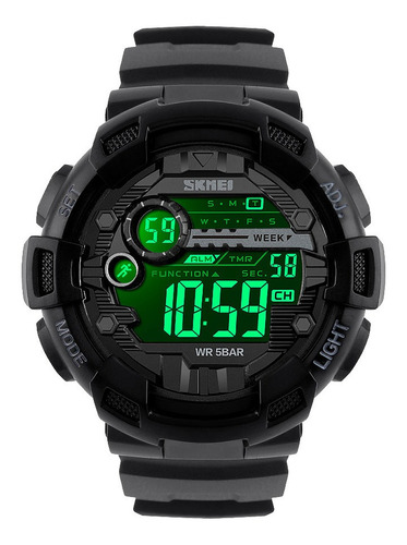 Reloj pulsera Skmei 1243 de cuerpo color negro, digital, para hombre, fondo negro, con correa de poliuretano color negro, dial gris, minutero/segundero gris, bisel color negro, luz celeste y hebilla simple