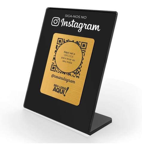 Imagem 1 de 5 de Placa Acrílico Preto Para Instagram Qrcode Frente Dourada