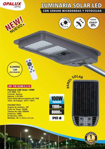 Lampara Solar Alumbrado Publico 100w Opalux Para Pastoral