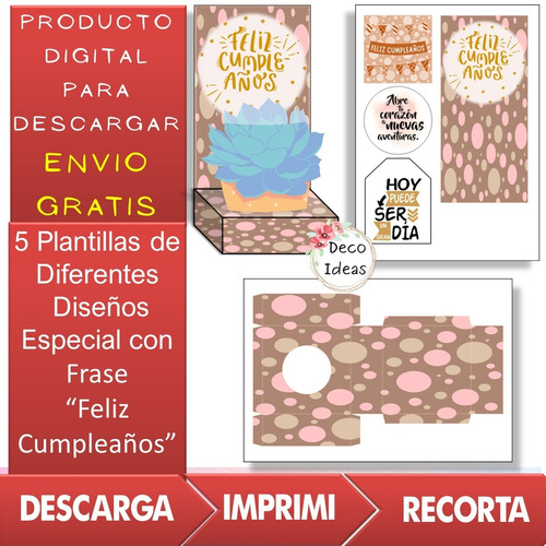 Imagen 3 de 4 de Kit Imprimible Caja Porta Maceta 02 Frase Feliz Cumpleaños