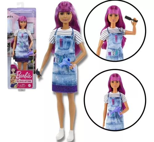 Boneca Barbie Profissões Cabeleireira Salão Hair Style Cabelo Roxo Secador  Escova GTW36 Mattel