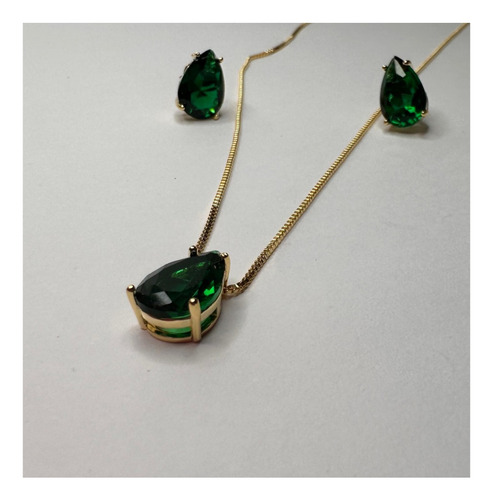 Conjunto Colar Brinco Gota Verde Folheado Ouro 18k Envi Full Cor Dourado