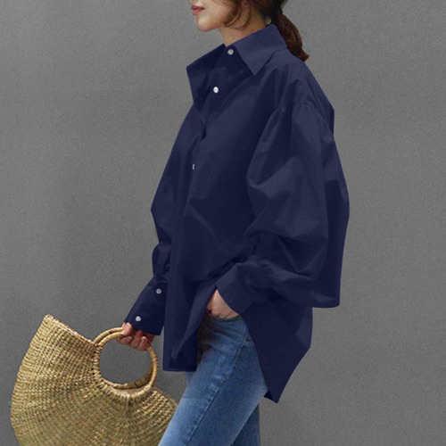Blusa Casual De Manga Larga Con Botones De Solapa A La Moda