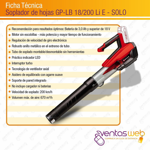 Imagen 8 de 9 de Sopladora De Hojas Inalambrica 18v Brushless Einhell Sola