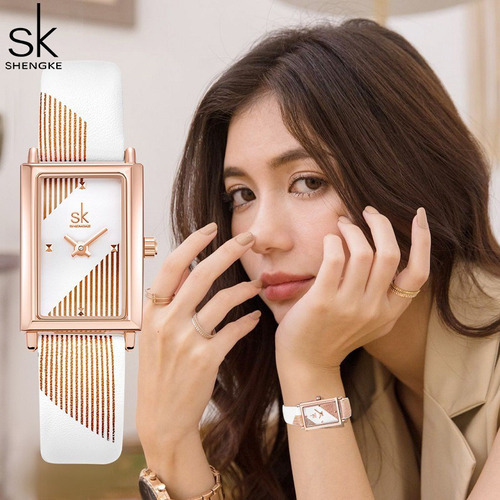 Relojes De Cuarzo De Cuero Cuadrados De Lujo Shengke Color De La Correa Blanco